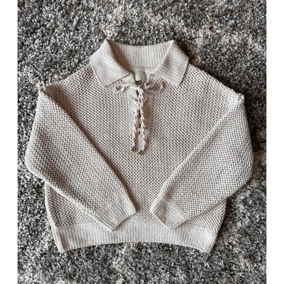 Joie Ivory Sequin Open Knit Lace-Up Collared Long Sleeve Pullover Sweater Medium - Picture 5 of 13